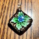 None Hand Blown Diamond Shaped Green Blue Flowering Plant Glass Floral Pendant Photo 1