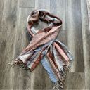 prAna  Mae Scarf Wrap Fringed Striped Tan Blue Cream Multicolored 100% Wool Photo 2