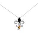 Onyx NIB .925 Silver Marquise  & Citrine & Diamond Fleur De Lis Pendant Necklace Photo 3