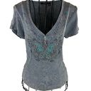 Apt. 9  Gray Ribbed Top with Turquoise and Rhinestone Butterfly Size Medium Photo 6