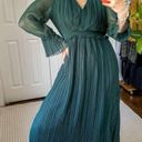 ZARA  Jamilla Chiffon Pleated Midi Dress Green Size XS Vneck Sheer Balloon Sleeve Photo 0