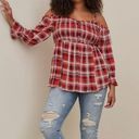 Torrid NWT  Rust Plaid Babydoll Crinkle‎ Gauze Smocked Cold Shoulder Top Size 2X Photo 2