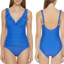 DKNY  Tummy Control Ruffle Plunge Underwire One Piece Swimsuit Blue Size 6 NWT Photo 11