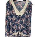 About A Girl  Womens Floral Blouse Top Sheer Crochet V Neck Blue Red Size XL Photo 8