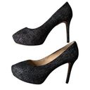 Nine West  Juliette Black Speckled Denim Metallic Suede Heels Photo 0