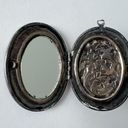 Antique locket silver pewter engraved embossed birds flowers resin mirror Victorian Photo 2