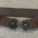 Vintage Brown Suede Leather Belt With Brass & Turquoise Buckle S Photo 5