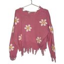 Daisy Just Polly Pink  Flower Cropped Raw Hem Distressed Sweater Size Medium Photo 4