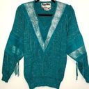 Vintage Turquoise Western Wear Suede Metallic Tassel Sweater Size Medium Photo 0