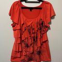 AB Studio  Coral Orange Floral Short Flutter Sleeve Blouse Size M Photo 0