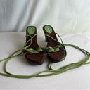 Me Too  Lace Up Heels Suede Leather Wood Block Heel Green Brown Boho Fairy 8.5 Photo 9