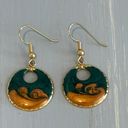 So Pretty Hoop Dangle Vintage Pierced Earrings Gold Tone Teal & Ran Enamel Multiple Photo 2