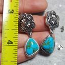 Vintage women silver plated Turquoise Dangle Drop Hoop Earrings Blue Photo 2