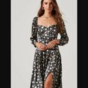 ASTR Black Floral Puff Sleeve Sweetheart Neck Satin Midi Dress XS Photo 4