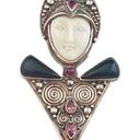 Onyx 925 Silver Sajen Goddess Face BROOCH PIN PENDANT  Ruby Rhodolite Garnet Gems Photo 0