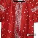 The Moon ✨Ella Top Boho Sz Large  Shirt Red Smocked Waist Ruffle Sleeve Tassel Tie✨ Photo 5