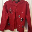 Croft & Barrow Vintage  Winter Penguin Skiing Cardigan Red Grandmacore Sweater Photo 0