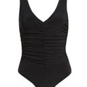 Leith NWT  Ruched V-neck Sleeveless Thong Bodysuit In Black Photo 0