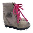 Sorel  Lexie Wedge Boots Quarry Grey Fuchsia Pink Lace Up Winter Booties Size 6 Photo 0