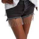 Good American  The Bombshell Denim Short Black Size 8 Cutoff Rhinestone Fringe Photo 0