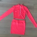 Piece Mini Skirt Set Women Bodycon Long Sleeve Crop Tank Top Sexy Fuchsia Pink Size M Photo 0