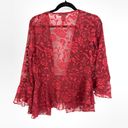 American Vintage Vintage Y2K Top Womens Medium Sheer Flared Sleeve Burnout Satin Floral Print Red Photo 3