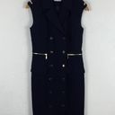 Calvin Klein  Navy Blue Gold Button Sleeveless Crepe Sheath Dress Size 2 Photo 3