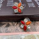 Vintage Red Orange Coral Floral Gold Tone Crystal Rhinestone Stud Earrings Photo 4