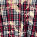 Vintage Havana  Red Plaid Bleach Dyed Button Down Flannel Happy Patch Back S Photo 2