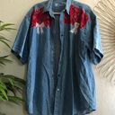 Vintage Blue 90s  and red denim short sleeve shirt with hand embroidery and bow detailing. 100% COTTON Photo 0