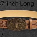 Western Bull Head Buckle Unisex Belt Vintage Style Embossed 37” Faux Leather Tan Photo 9