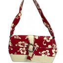 Source Unknown Red Floral Tropical Handbag with Straw Rattan Bottom Lining Medium‎ Sized Photo 0