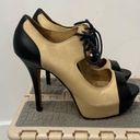 L.A.M.B. Tan & Black Leather Lace Up Peep Toe Platform Heels Womens Sz 7.5 Photo 1