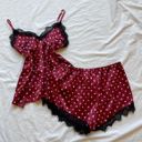 Princess Polly maroon burgundy red polka dot pj set pajama set with black floral lace trim  Photo 0