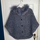 J. McLaughlin  Blue & White Boucle Wool Button Cape with Dyed Raccoon Fur Collar Photo 0