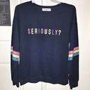 Wound Up New  blue sweater “seriously” spellout 19 Photo 0