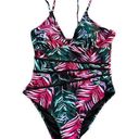 Beachsissi  NWT One Piece Swimsuit Size Large Black Pink Green Tropical Palm Photo 0