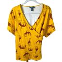 Modcloth  Shirt Womens 1X Wrap Shirt Giraffes Yellow Bow Belted Stretch All Over Photo 1