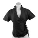 Vintage Blue  Black V Neck Stand Collar Short Sleeve Tie Wrap Blouse Top Size S Photo 0