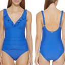 DKNY  Tummy Control Ruffle Plunge Underwire One Piece Swimsuit Blue Size 6 NWT Photo 1