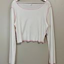 BP . Women’s Waffle Knit Boat Neck Crop Long Sleeve Tee White w/ Pink Trim NWT Photo 0