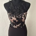 Sequin Hearts Black & cream sequins & floral lace sweetheart cut out thigh slit formal gown Photo 1