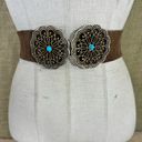 Vintage Brown Suede Leather Belt With Brass & Turquoise Buckle S Photo 13