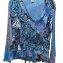 Alberto Makali  Blouse Top Womans Small Geometric Blue Long Sleeve V Neck Beaded Photo 0