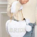 BRIDE White Heart Plush Faux Fur Bridal Handbag w/ Chain Strap & Coin Purse Photo 0