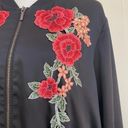 cupio  Floral Embroidered Bomber Jacket Satin Black Womens Size L Full Zip Retro Photo 3