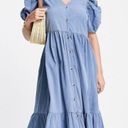 VERO MODA NWT  Puff Sleeve Seersucker Tiered Midi Dress Denim Blue Size Large NEW Photo 0