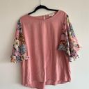 Umgee  1XL Pink Linen Floral Sleeve Bouse Photo 4