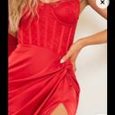 Pretty Little Thing Red Strappy Satin Gathered Midi Dress in Red Photo 3