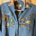 Christopher & Banks  Camping and Moose Embroidered Denim Button Up Shirt Photo 1